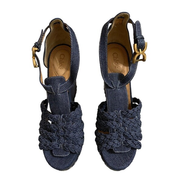 Authentic Chloe Blue Denim Wedge Espadrilles Sandals Size 39.5 (US 8.5) - Picture 2 of 9